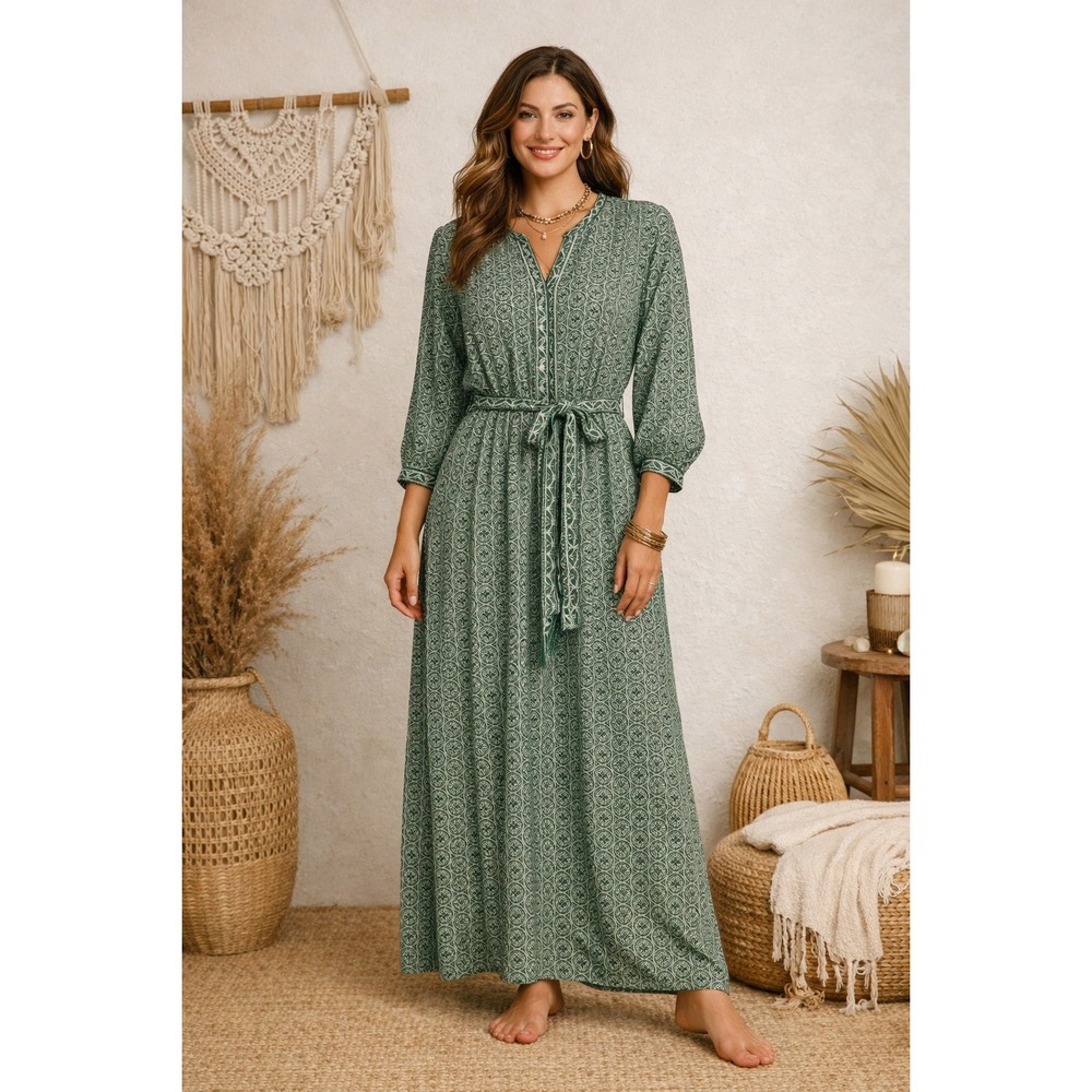 Max Studio Maxi Dress Womens XS Green Boho Garden Cottagecore Peasant Artsy